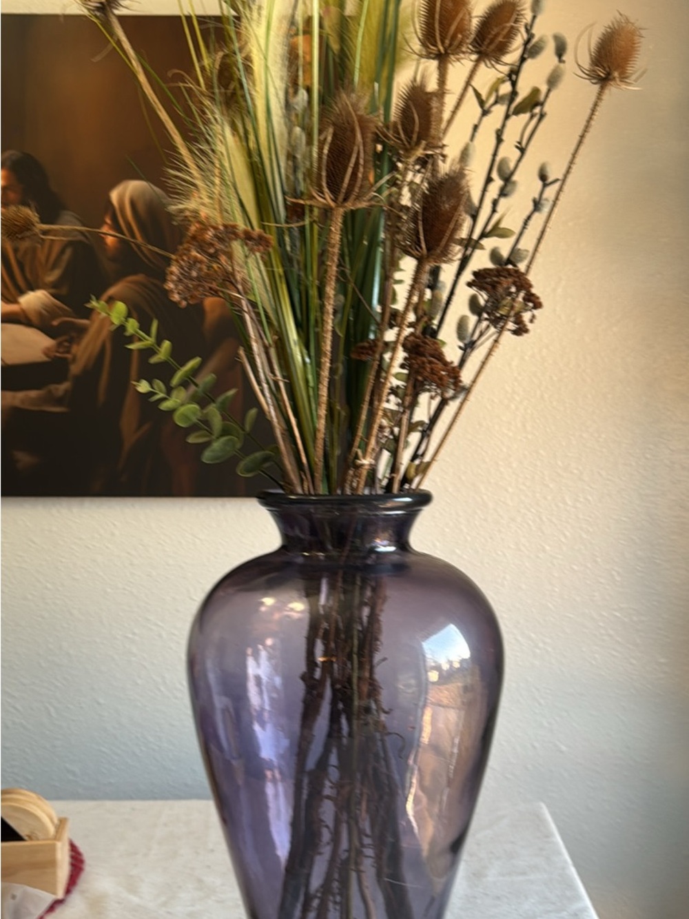 Purple Glass Decorative Floor Vase with Dried Floral Arrangement